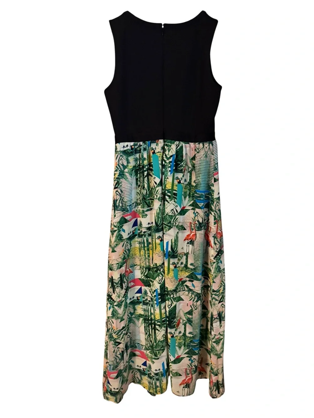 Nicole Tropical Flamingo Print Black Bodice Sheer Panel Sleeveless Maxi Dress
